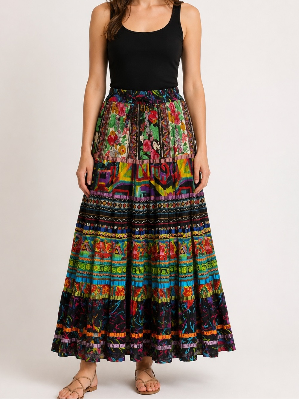 TravelSmith Patchwork Tiered Cotton Pull On Maxi Skirt Boho Size PXL